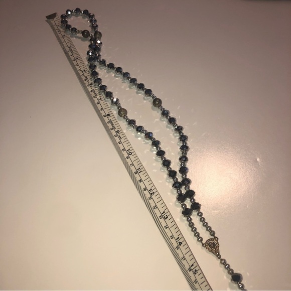 metallic Silver Crystal Rosary Beads Necklace LONG 30” + 6” Drop / 36” Total - Picture 3 of 4